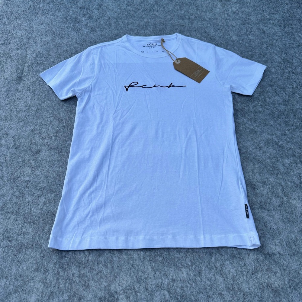FCUK French Connection Mens Small White Script Logo Cotton T-Shirt NEW
